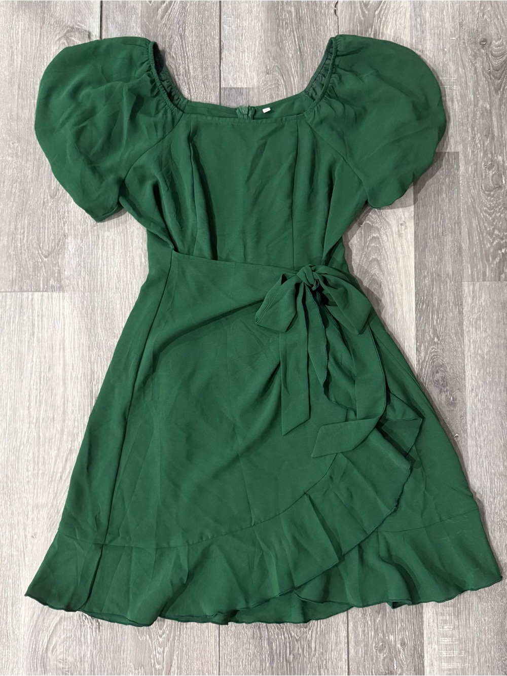 Green Solid Square Neck Puff Short Sleeve Fit & Flare Mini Dress Bow Ruffle M